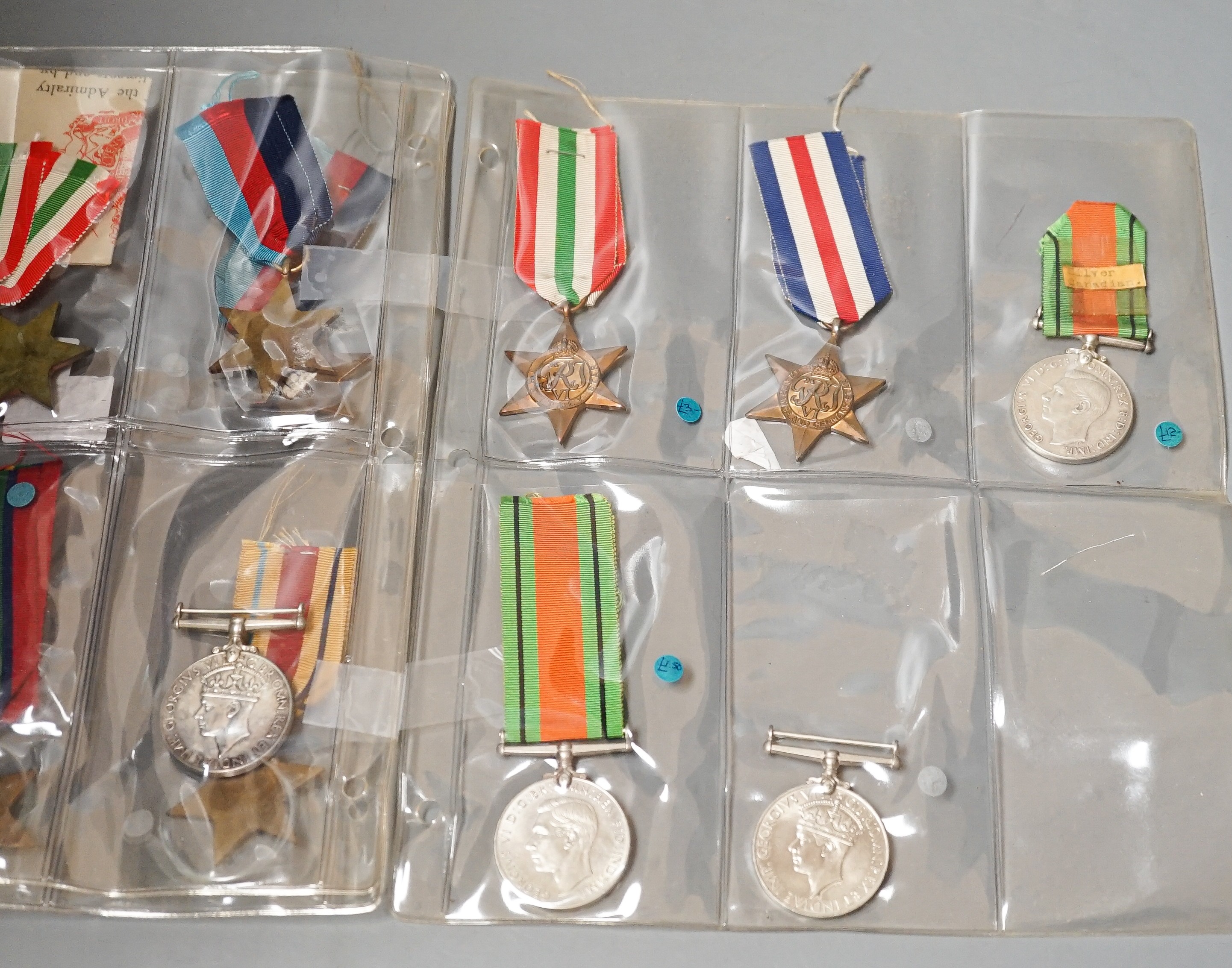 Fifteen unnamed WW2 medals to include Aircrew Europe star, 1939-1945 star (two), the Africa star, the Pacific, the Burma star, The Italy star (two), the Defence medal (two), France and Germany star, Canadian silver Defen